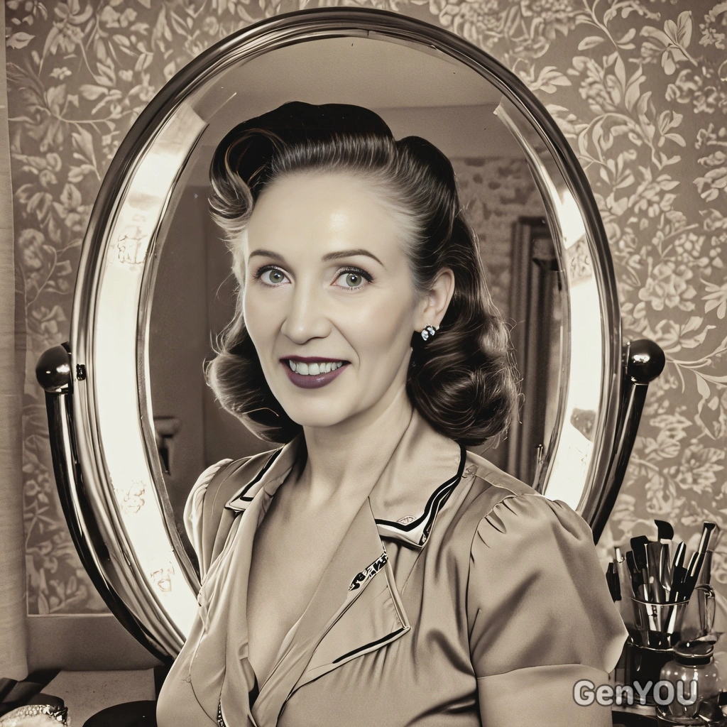 in a 1940s victory roll hairstyle, standing by a vintage makeup mirror, with a sepia filter