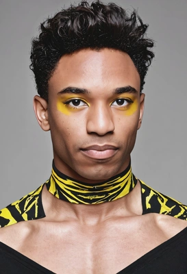 wearing male eye makeup, white and yellow colors, black skin, shoulders-up photo, professional photoshoot