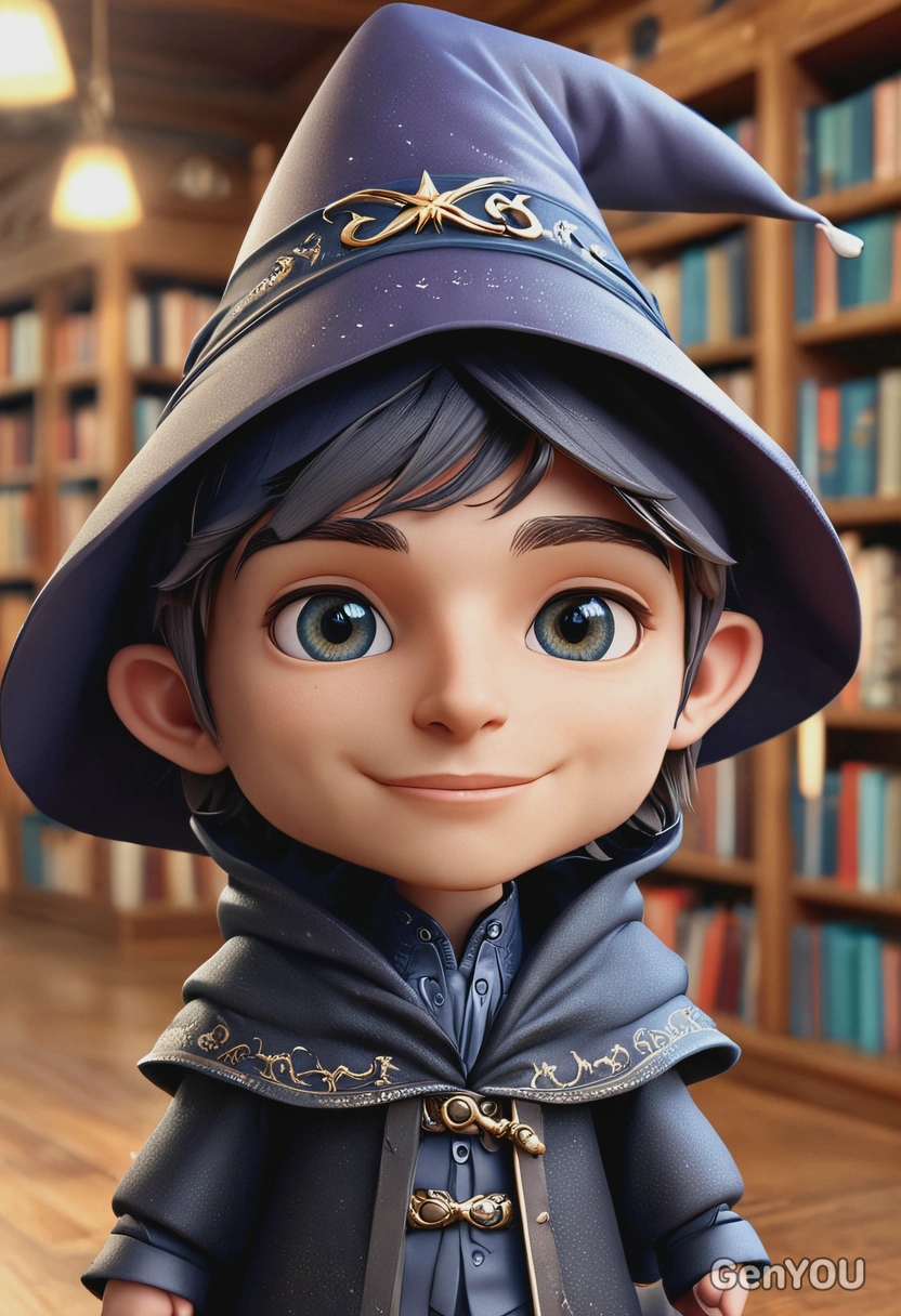 3D chibi cartoon style, wizard with oversized hat, oversized cartoon big sparkling eyes, close-up portrait, magical library background