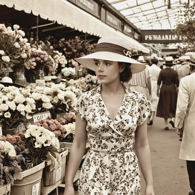 walking through a flower market in a 1930s dress, wearing a hat, with a sepia filter
