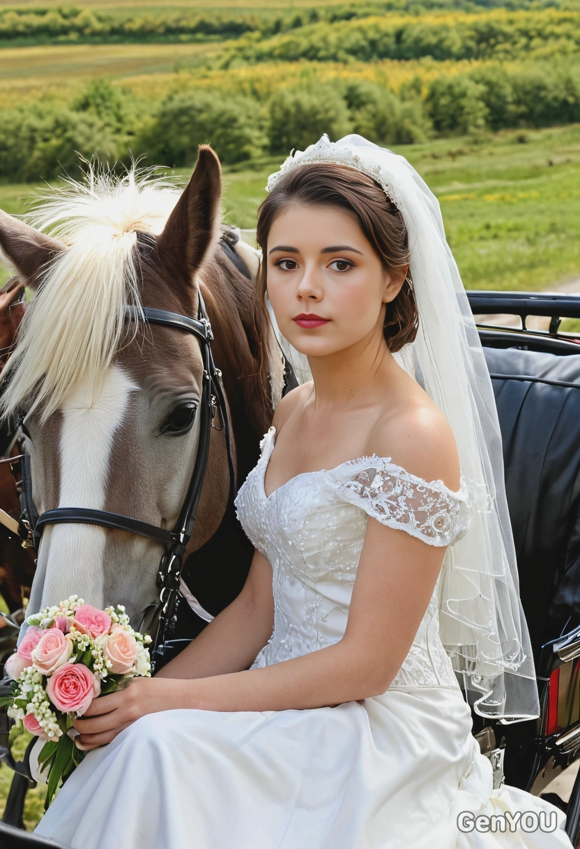 as the bride enjoying a romantic horse-drawn carriage ride through a scenic countryside