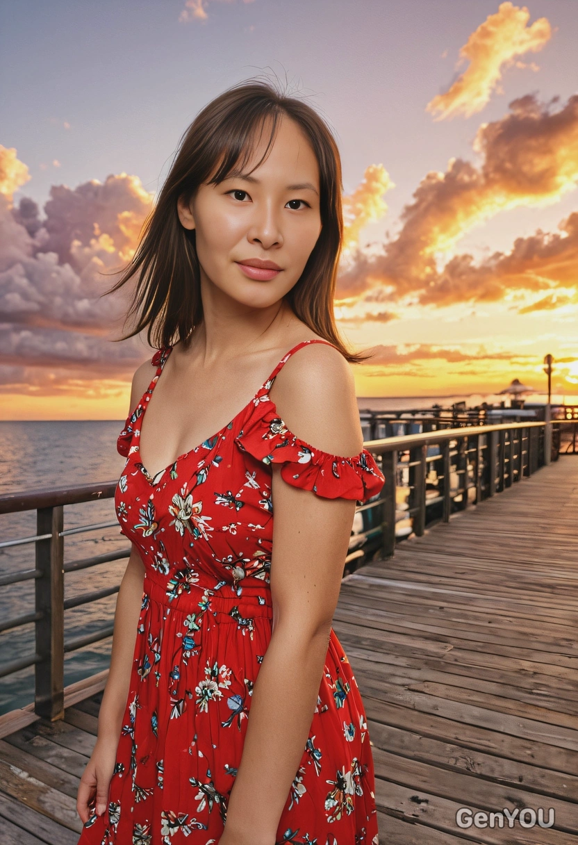 in a red summer dress on a pier at sunset, against the vibrant sky, facing the camera, mid-shot portrait