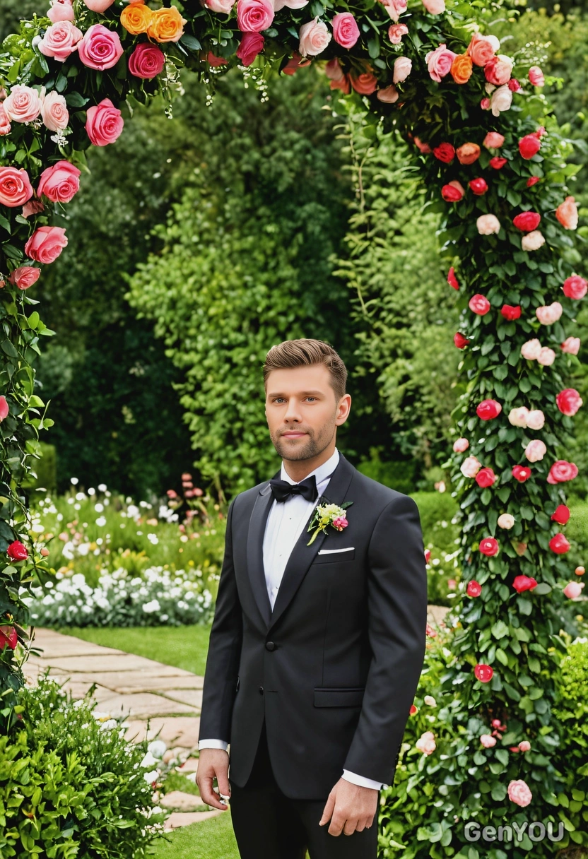 as a groom, standing under a floral arch in a garden, wearing a classic black tuxedo with a bow tie