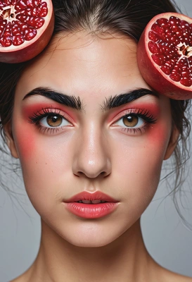 with a makeup inspired by pomegranat, symmetrical details, professional photoshoot