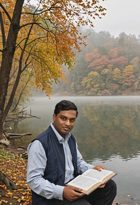 Author by a foggy lake with autumn trees