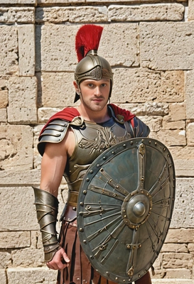 Dressed as a warrior from ancient Greek mythology, in bronze armor with a shield, stand at the gates of an ancient citadel