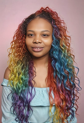 long, cascading hair dyed in a holographic rainbow gradient with soft curls, soft focus, blurred background