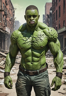 as a green-skin mutant monster after nuclear fallout, very muscular, in torn clothes, in abandoned New York, sandstorm, looking at camera, vivid colors, symmetrical clothing details, 3D video game style, high-quality stylized art