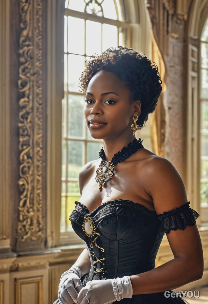 Elegant lady from the Victorian era in corseted dress, cameo brooch, blurry Victorian palace hall in the background, sun rays from the huge window