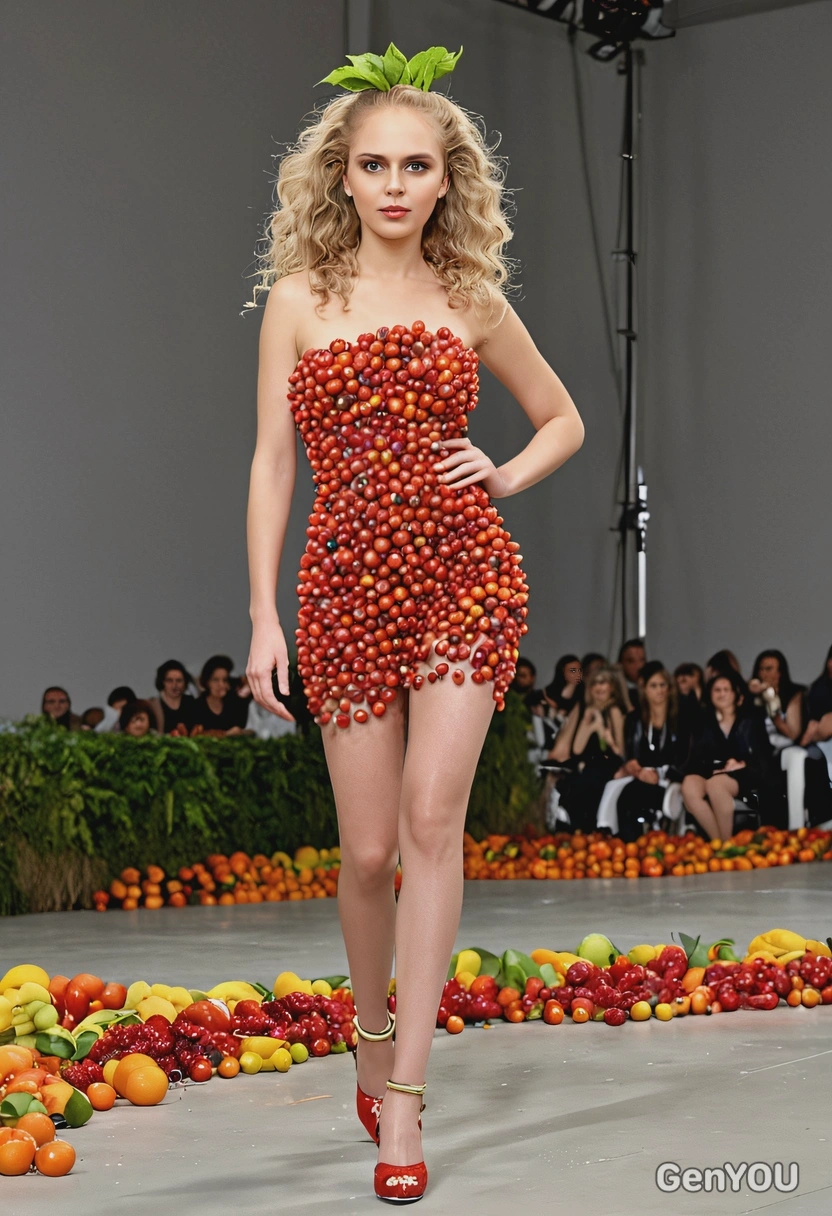 as a fashion model posing for cameras at the runway show, dressed in a wearable fruit installation, natural wavy hair, high heels, dynamic pose
