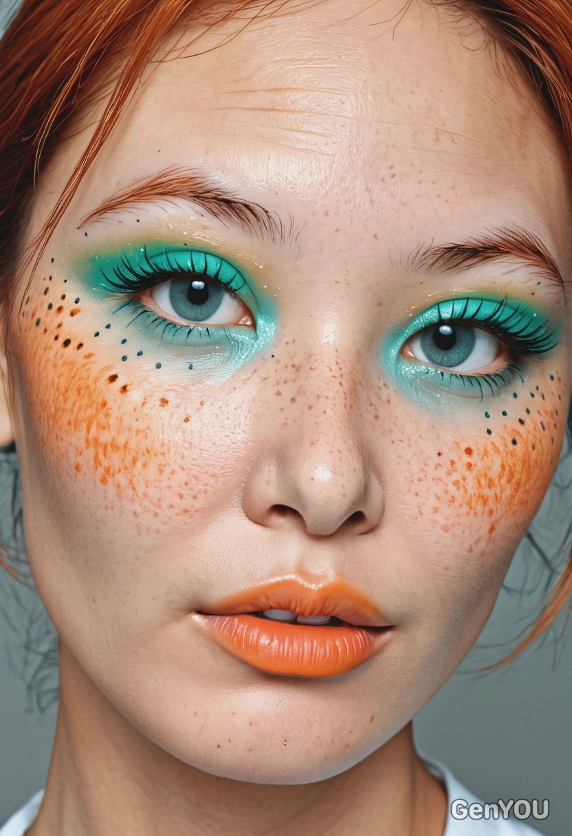 makeup with drawn-on, whimsical freckles for a cute and youthful look, orange and turquose
