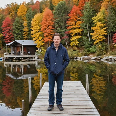 standing on a dock at a lakeside cabin, autumn