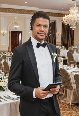 as an event planner in an elegant outfit with a clipboard and headset, standing in a beautifully decorated banquet hall, coordinating the details of a large wedding