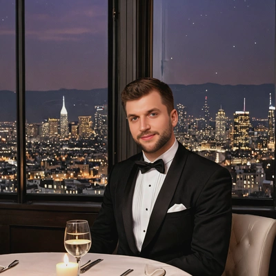 a man in a classic tuxedo, sitting alone at a candlelit dinner table, with soft music playing in the background, gazing out a window at the city lights