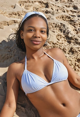 in a white bikini sunbathes on a secluded sandy beach, her skin glistening under the sun