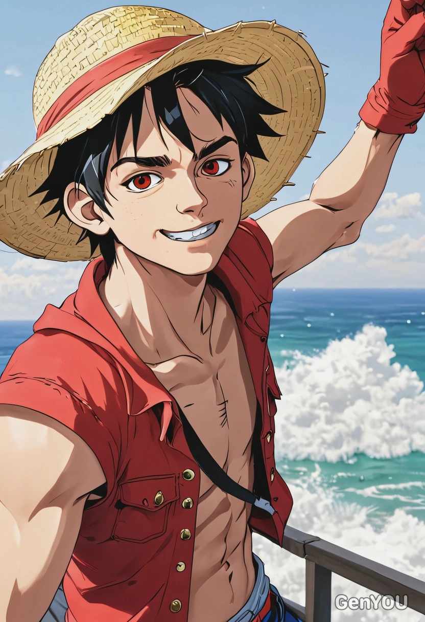 2D anime style, cel-shaded adventure, bold ink outlines, In One Piece anime as Monkey D. Luffy, confident grin, oversized anime eyes, messy black hair, wearing his red vest and straw hat, standing on the deck of the Thousand Sunny, waist-up frame