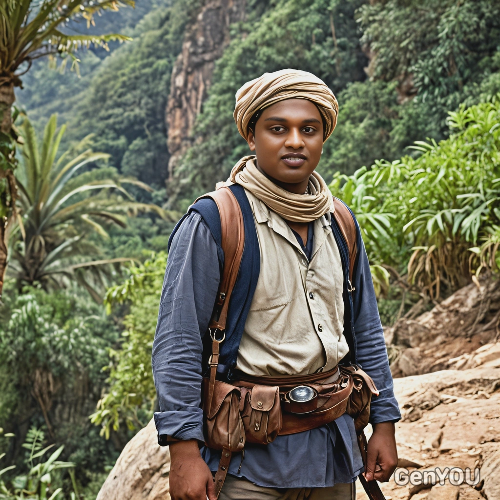 A 19th-century explorer, in rugged attire, standing before an uncharted jungle landscape