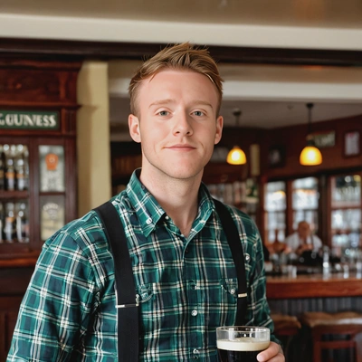 in a green plaid shirt and suspenders, raising a pint of Guinness in a cozy Irish pub, blurred background, soft focus. sharp skin texture, good indoor lighting, looking at viewer