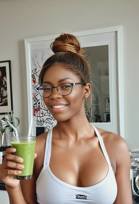 drinking smoothie, long hair in updo, artistic photo, symmetrical details, white-framed eyeglasses, sports bra, sharp cheekbones