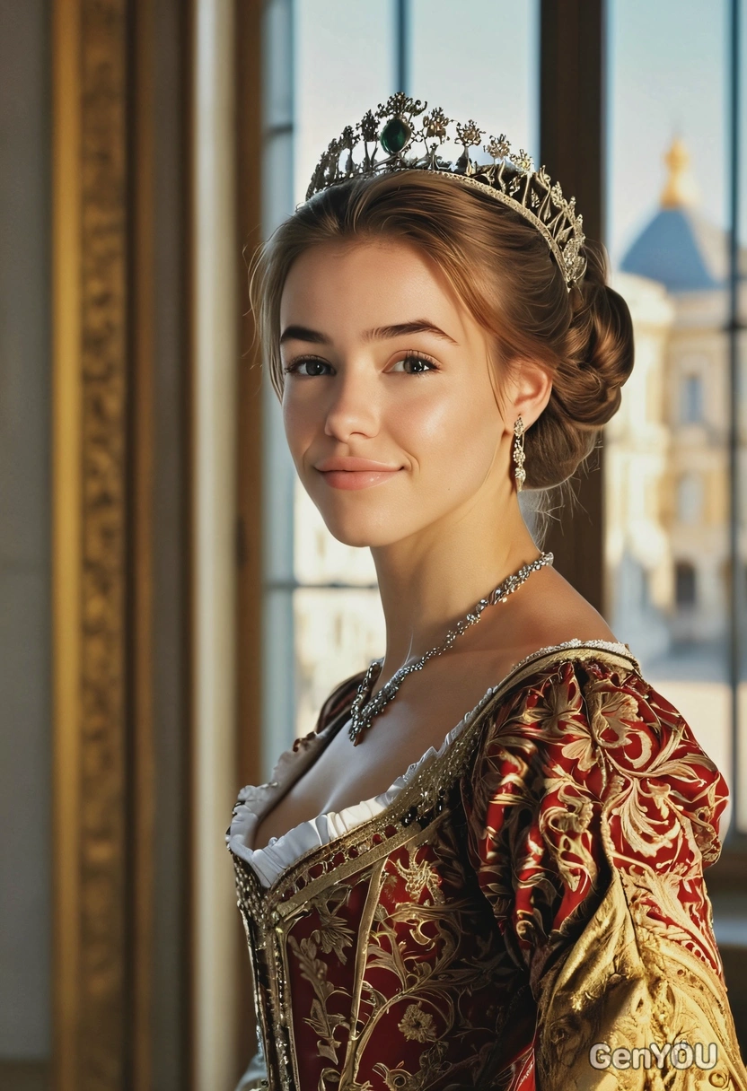 16th century, upper-class lady, attending a ball, blurry europian palace background, sun rays from the huge palace window