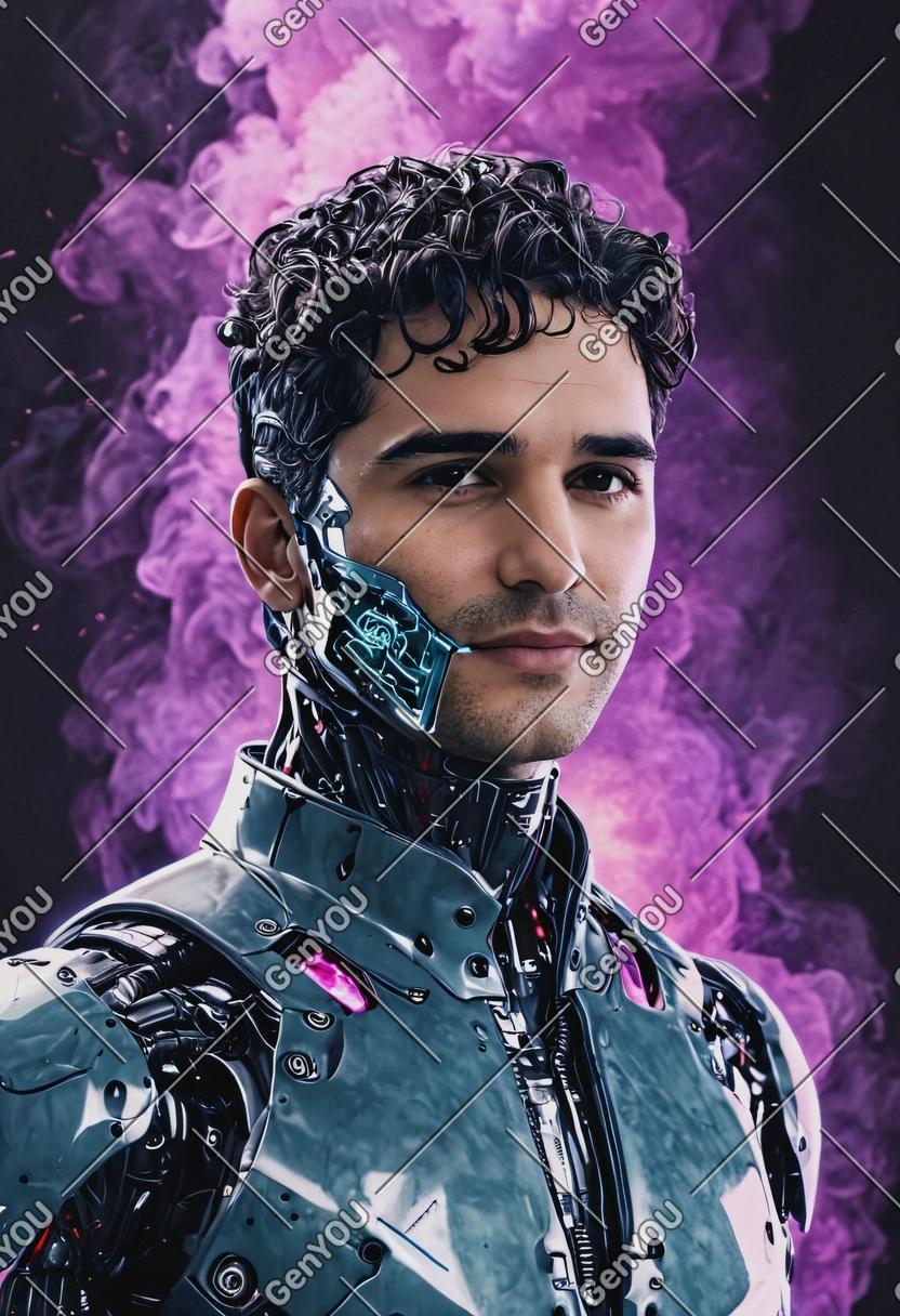 as a hyperrealistic cybernetic man in a digital world, duallight Smoke Photo Effect, half-body high-quality portrait, lit by blinding lights, eyes on viewer, futuristic background, vaporwave aesthetics