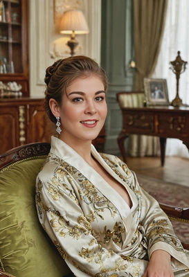 lounging on a chaise in a luxurious drawing room, wearing a silk robe and diamond earrings, with antique furniture surrounding her, cinematographic style, blurry background, professional filming, smiling 