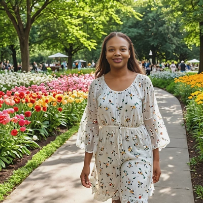 dressed in light, airy fabrics strolling through a vibrant city park filled with summer blooms