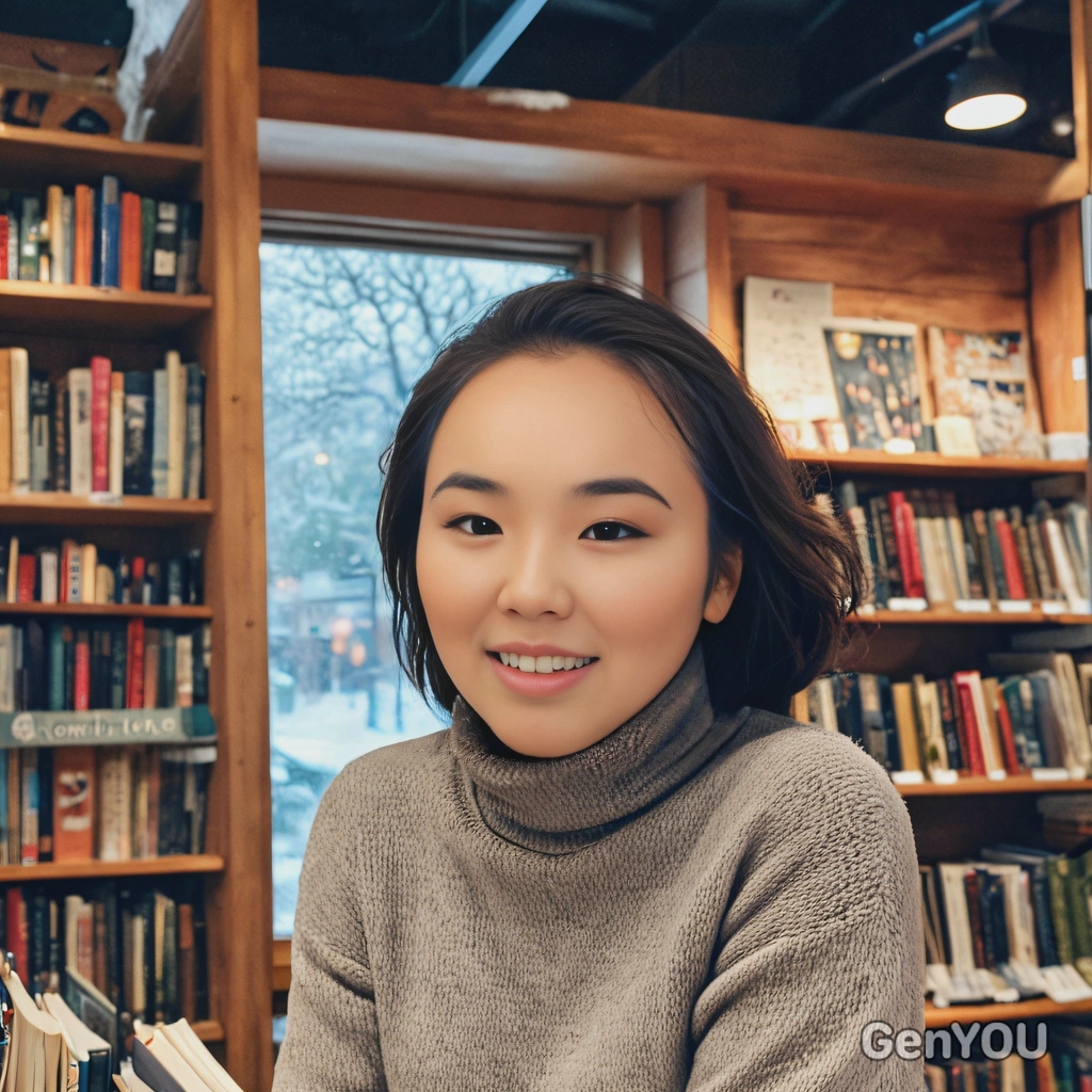 in a cozy bookstore, smiling, wearing a turtleneck, snow visible through the window, blurred background 
