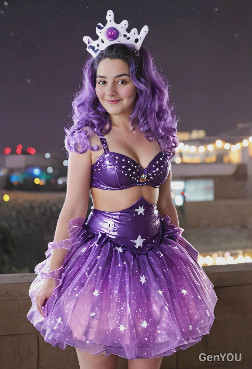 dressed as Lumpy Space Princess from Adventure time, blurry lights in the background, full-body image