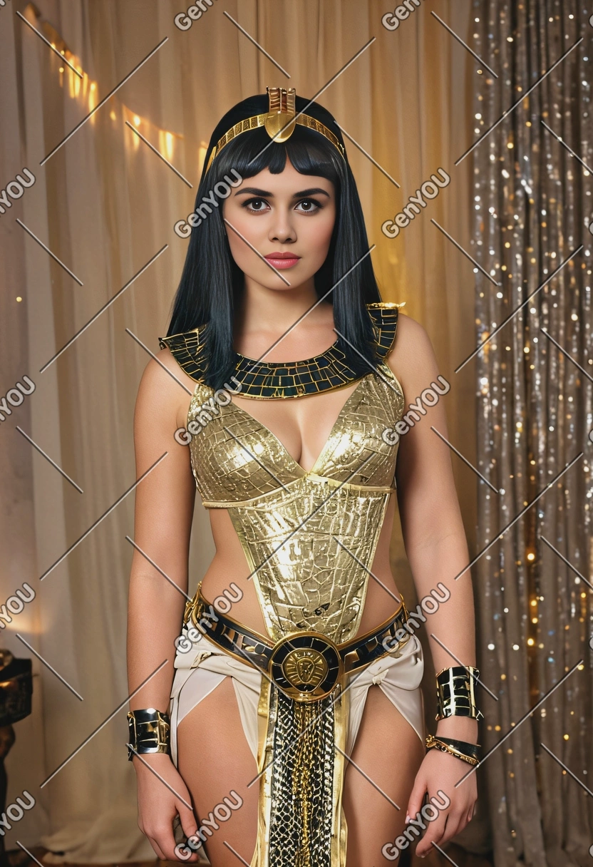 dressed as Cleopatra at a costume party, full body image, lights in the background, blurry background