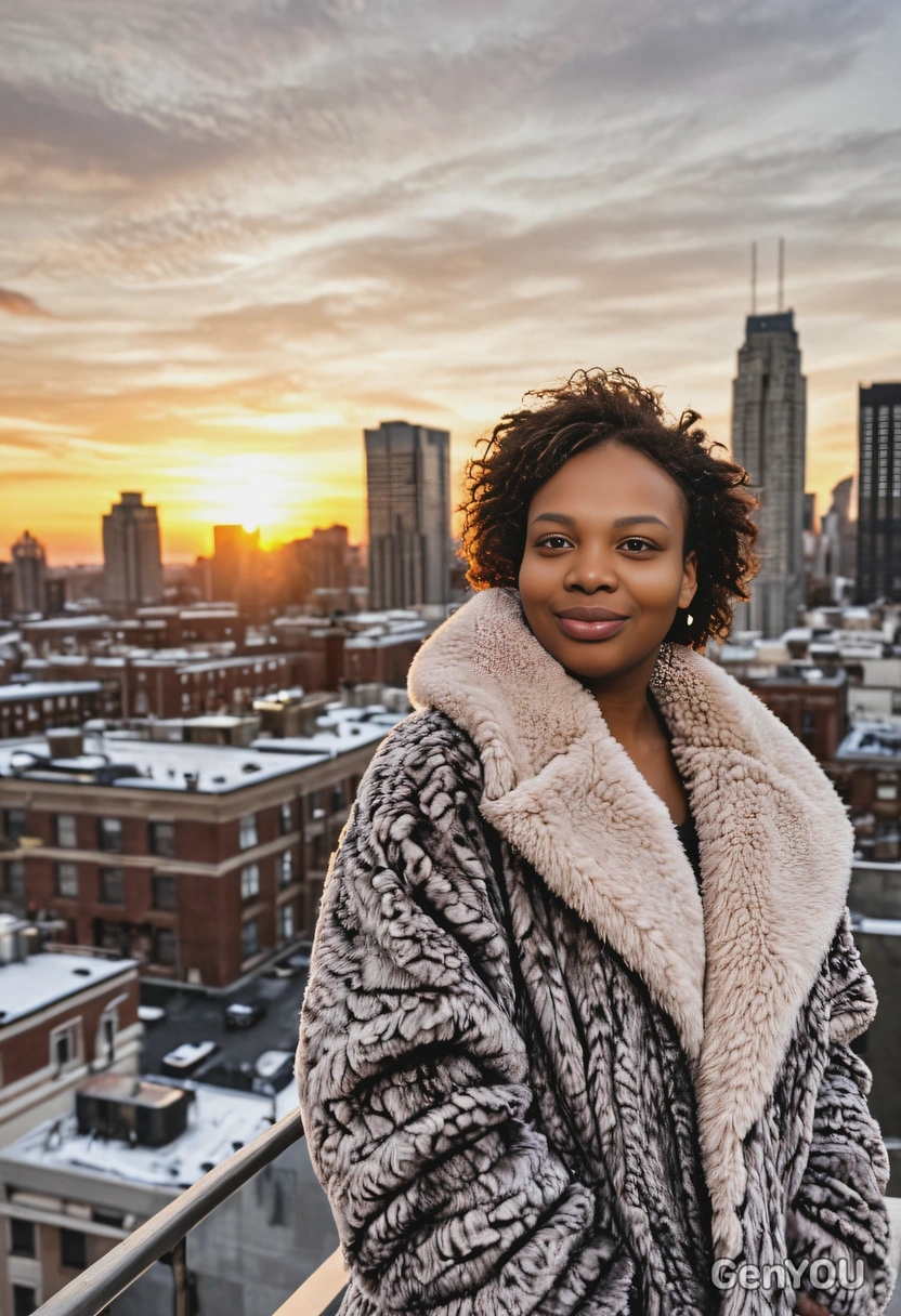 an on a city rooftop at sunset, wrapped in a faux fur coat, cityscape in the background