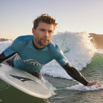 a surfer riding a wave at dawn, close up shot