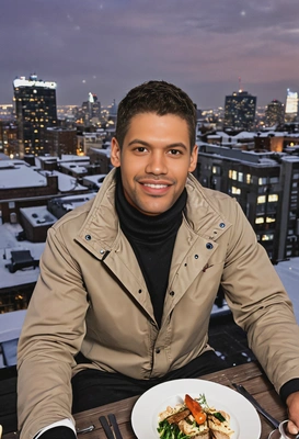 smiling, enjoying dinner on a rooftop, overlooking a snowy cityscape 