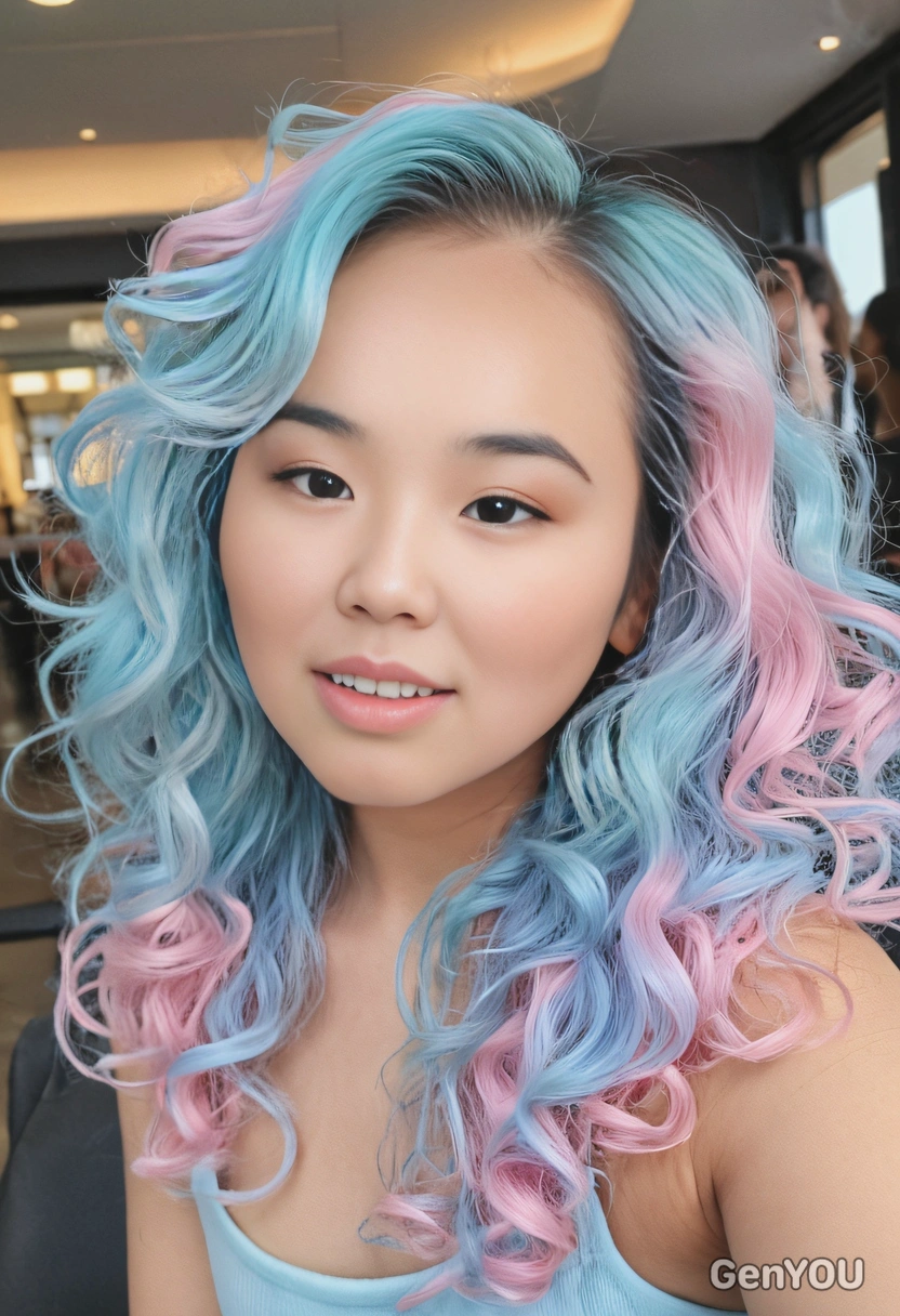 loose curls with a pastel cotton candy blend of baby pink and sky blue, soft focus, blurred background