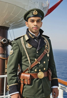 as a Steampunk captain, dressed in a military uniform with epaulettes and a telescope, standing on the deck of an airship