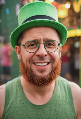 sharp high-quality, mid-body photo, smiling, in a green hat with clover, green heart-shaped glasses, a fizzy red beard, blurred carnival background, midday outdoor lighting