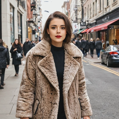 walking through a bustling city street, dressed in a stylish faux fur coat, mid-shot