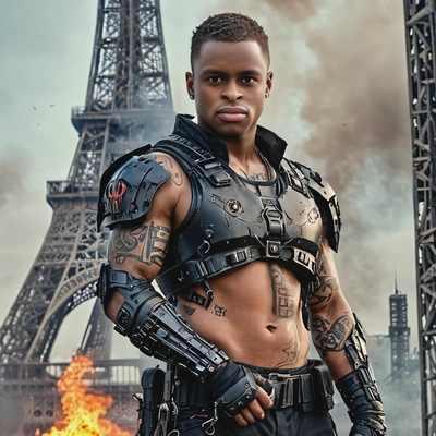as a cyberpunk warrior, tattered armor, ammunition, holding a gun, unshaved, tattoos, standing in front of ruined Eiffel tower, smoke, fire, close-up photo, looking directly at camera, vivid colors, high-quality cinematographic style