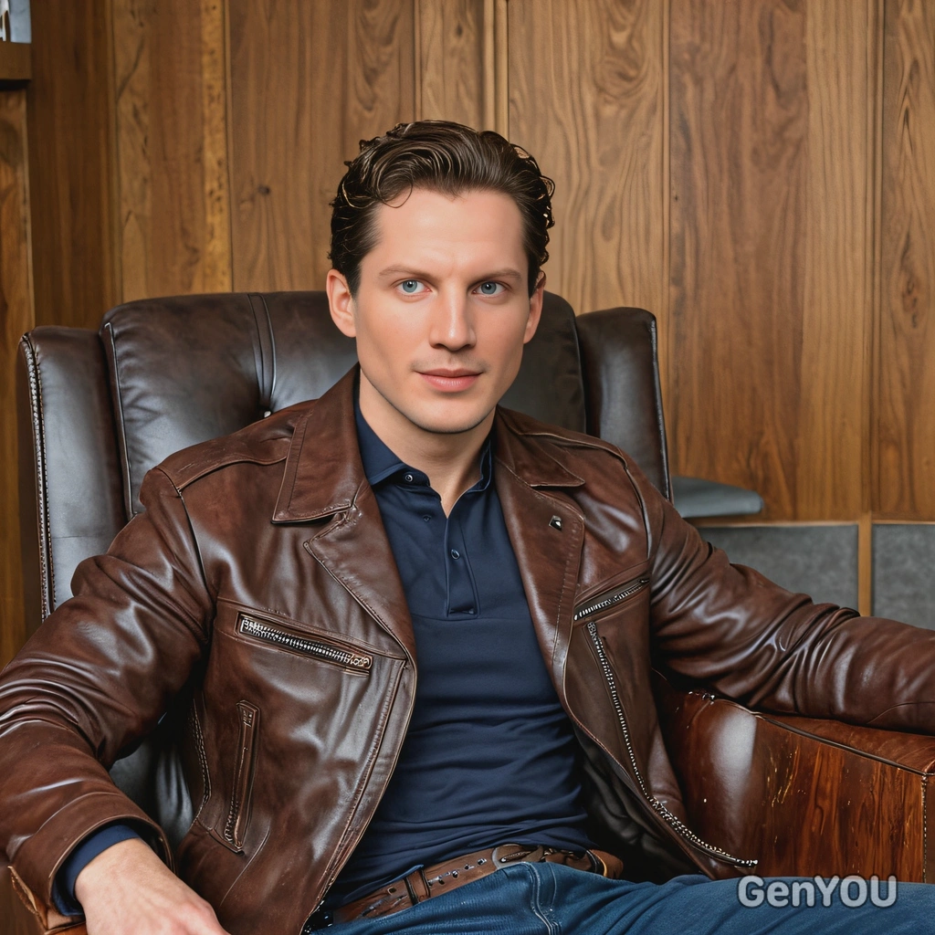 sitting in a leather armchair, wood-paneled