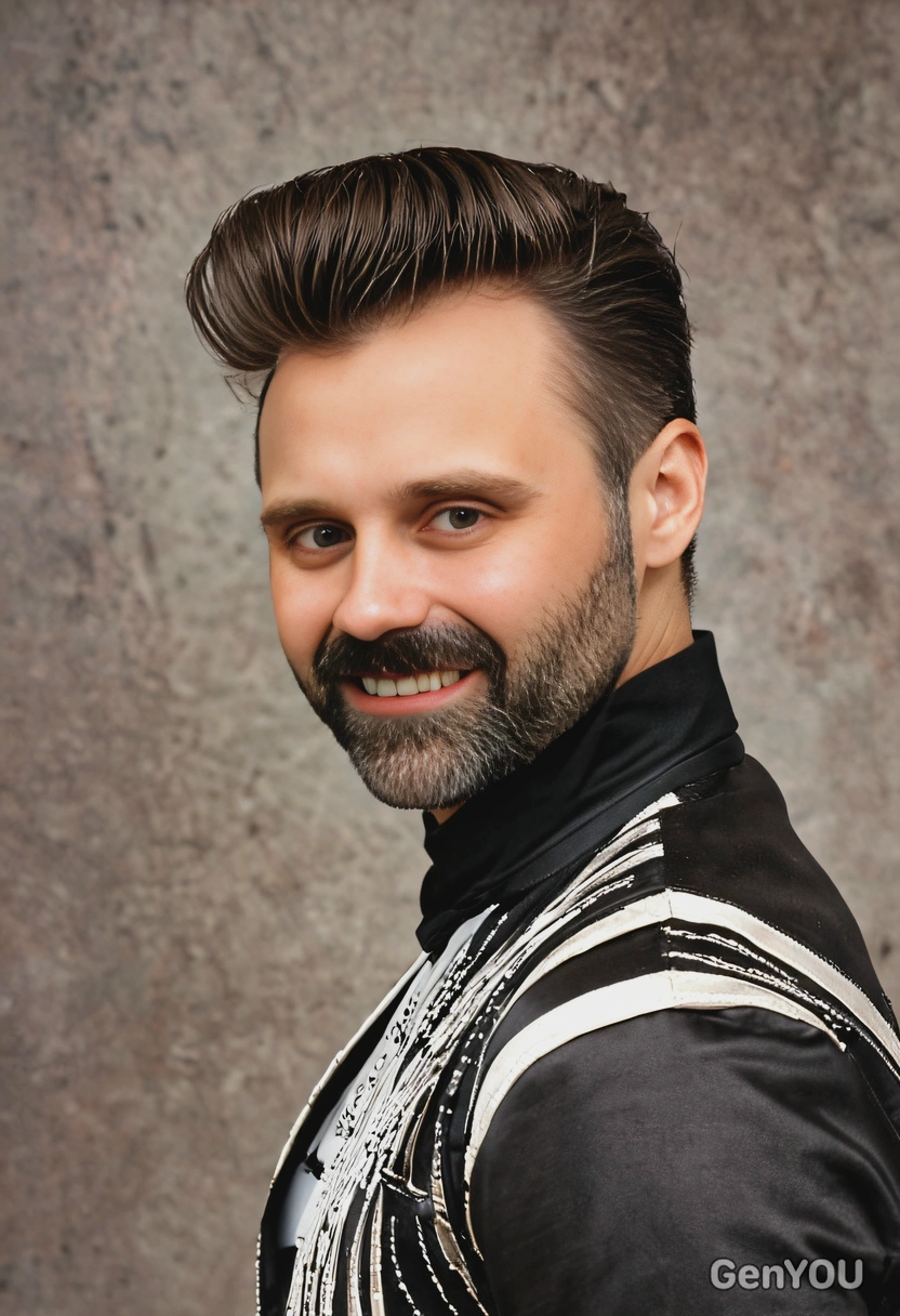 high pompadour with a clean fade, inspired by Elvis Presley, soft focus, blurred background