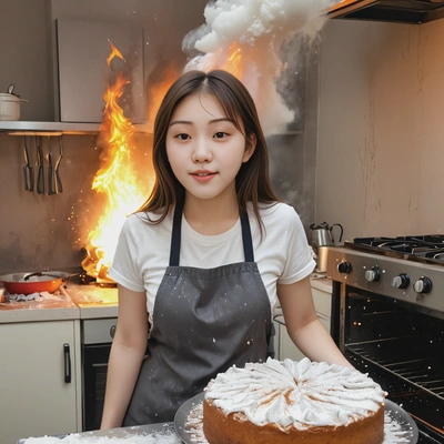 standing in a chaotic kitchen, covered in flour, holding a half-baked cake, while flames rise from the oven and smoke fills the air.