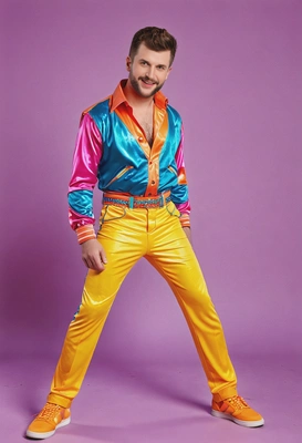 dressed  for 80s Dance Party, Bright neon colors, full body image, party hall background