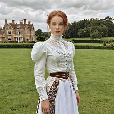 wearing a Victorian-era with a high-necked blouse and long skirt, standing  in front of a large countryside estate