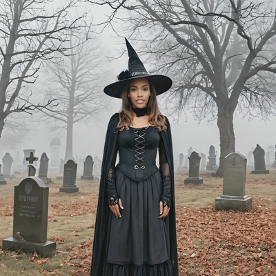 dressed as a witch, standing in front of a foggy graveyard