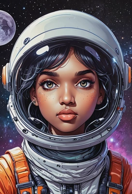 2D cartoon style, colorful, thin ink outlines, flat shading, simple shapes, female space explorer with helmet, oversized cartoon big sparkling eyes, alien planet with two moons background, close-up portrait