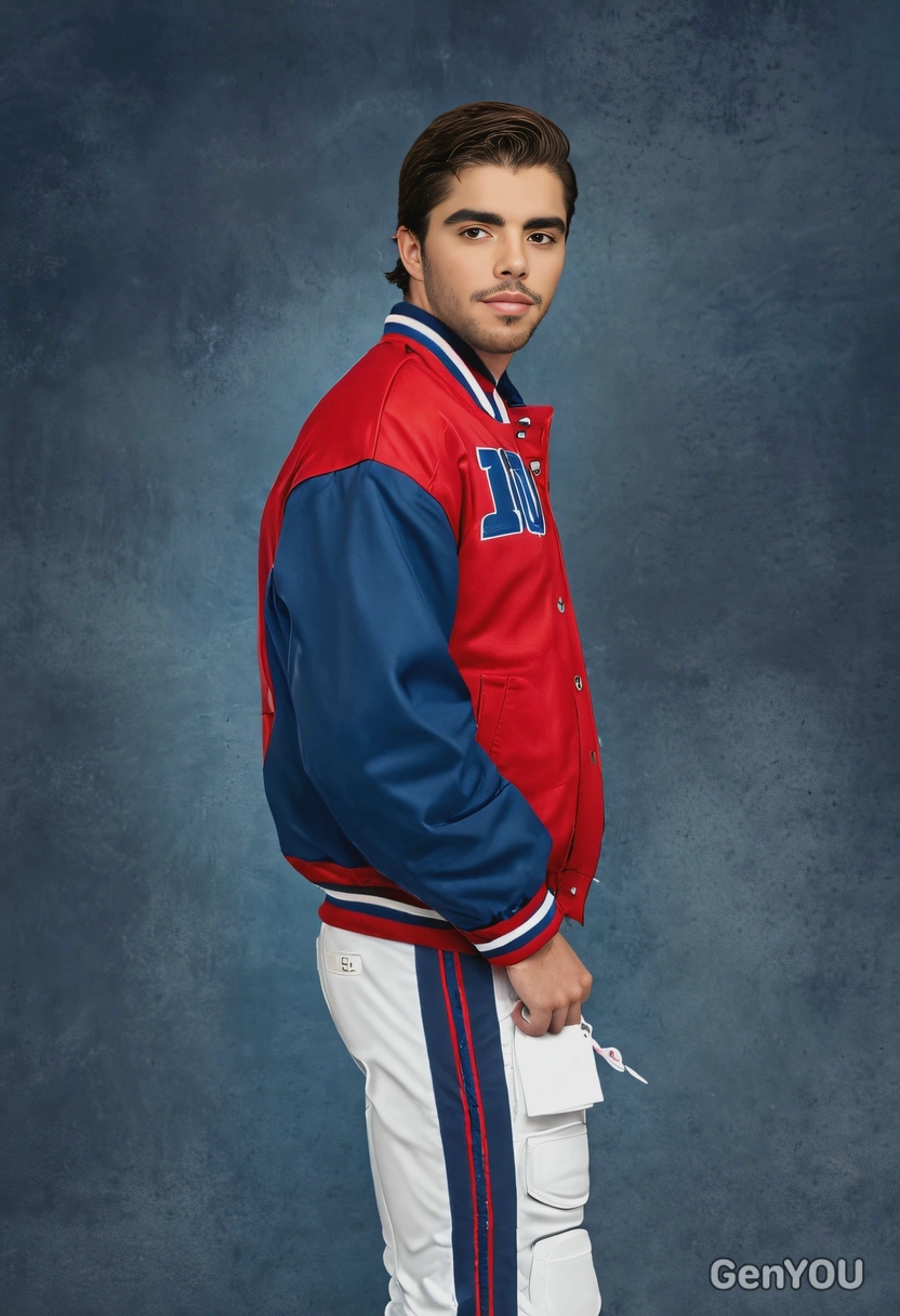 as a 90s high school quarterback, dressed in a red letterman jacket, confidently posing against a traditional murky blue yearbook background