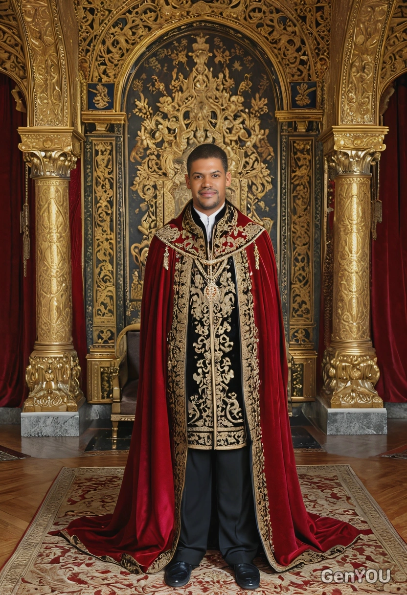 a man dressed in regal attire, wearing a velvet cloak with gold embroidery, standing tall in a grand throne room surrounded by ornate decor, half body portrait 