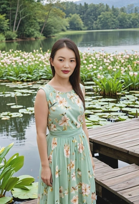in a pastel-colored dress, standing near a wooden dock by a calm lake, surrounded by fresh greenery and blooming lily pads on the water, half body portrait 