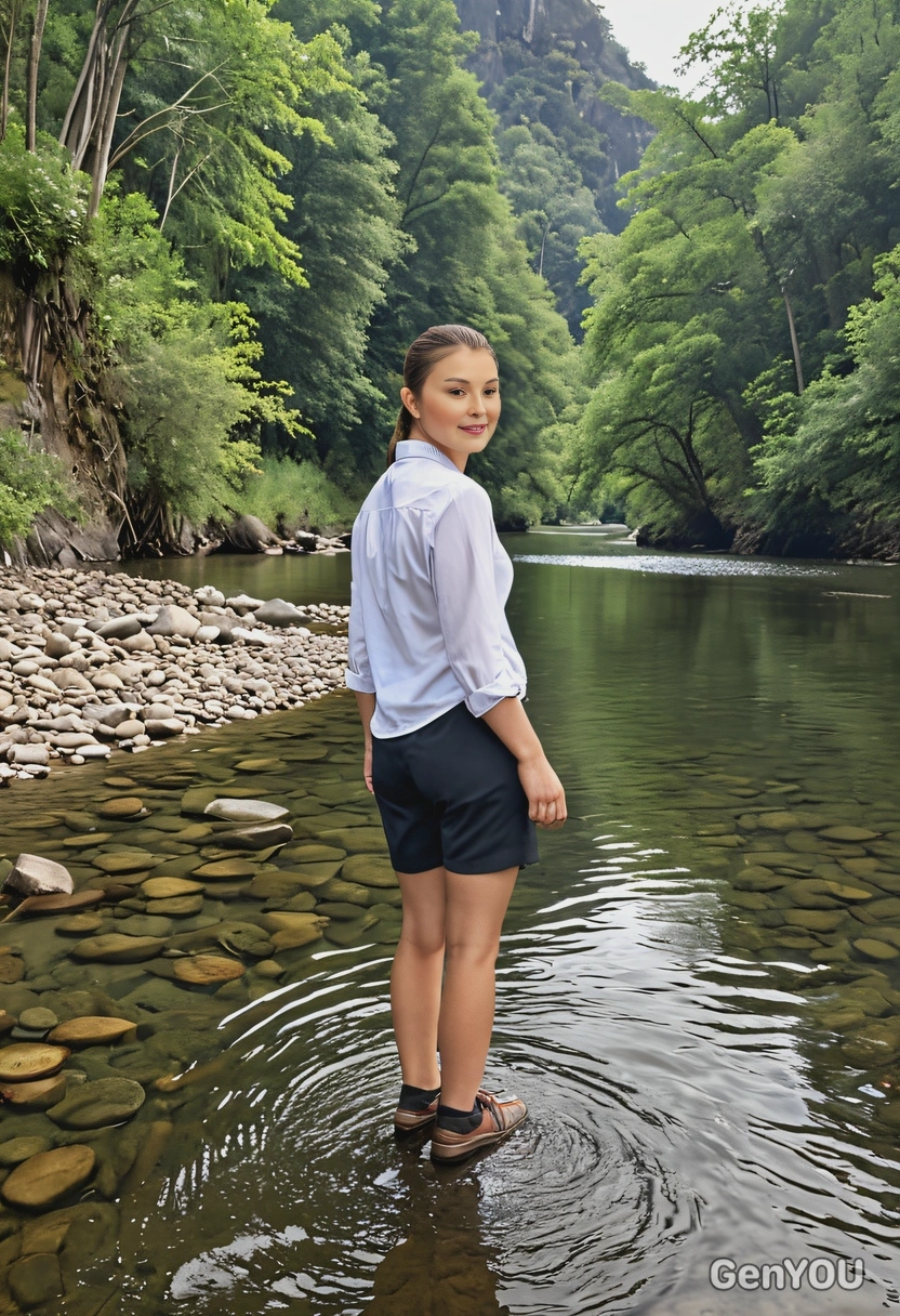 A solo traveler on a peaceful river, full body view