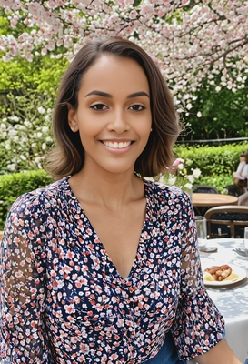 close-up, smiling, in a flowing floral blouse, at an outdoor brunch spot with spring blossoms 